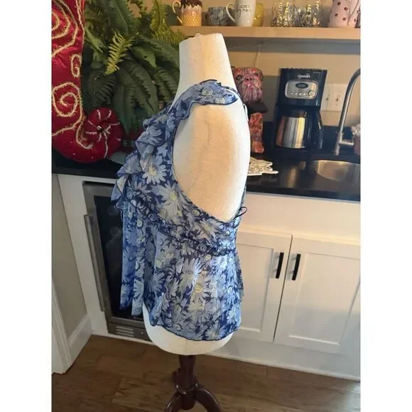 Free People Top Womens Small Blue Floral Boho Sleeveless Ruffle Tiered Summer - Picture 2 of 8